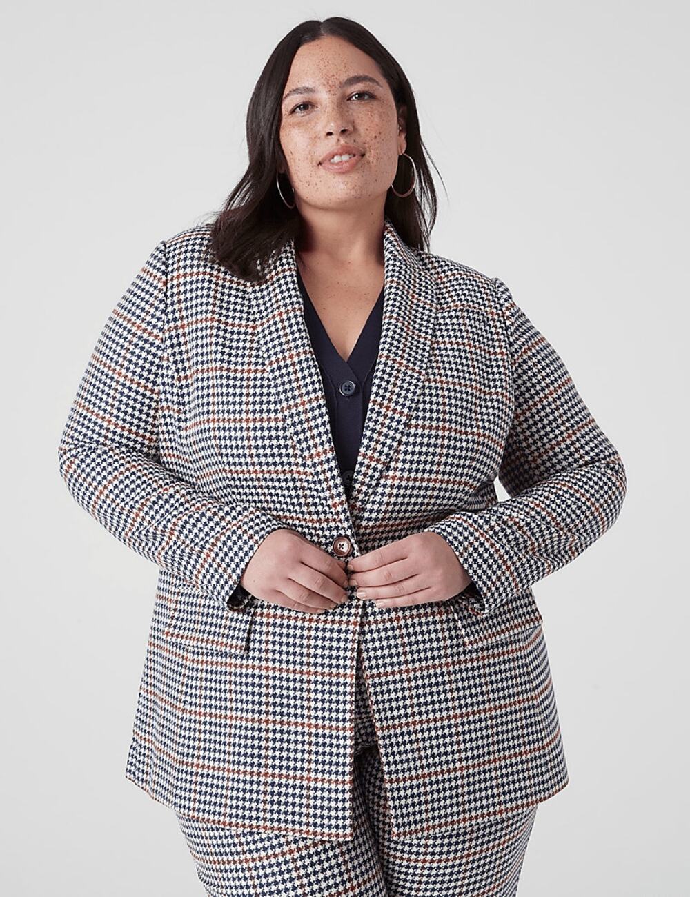 Lane Bryant Boyfriend Single-Breasted Blazer houndstooth navy blue brown sz 16
